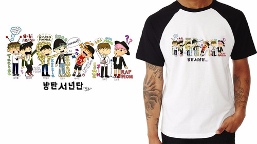 Camiseta Reglan Kpop K-pop Banda Bts Desenho Colorido Preta