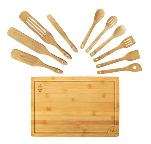 Set De Utensilios De Cocina De Bambú Con Tablero De Corte Y 