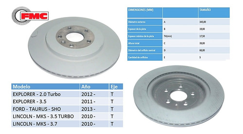 Disco Freno Ventilado Ford Explorer Dg132a315ba Trasero