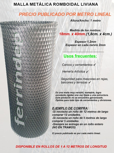 Imagen 2 de 10 de Malla Metálica Romboidal Desplegado 18x40mm X Metro
