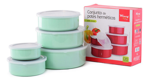 Jogo 5 Potes Tigela Inox Com Tampa Hermético Redondo Cores Cor Vermelho