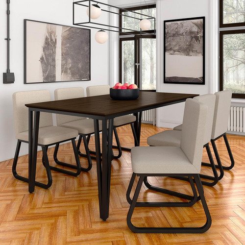 Mesa Com 6 Cadeiras Industrial 1,8 Aspen Pr/imb/beg - M.a Cor Preto Fosco/imb/linho Bege