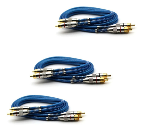 Kit 3 Cabos Rca 1 Metro Dupla Blindado 1m 5mm Azul