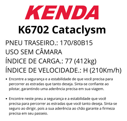 Pneu Kenda K6702 Cataclysm Tras 170/80b15 Uso Sem Câmara