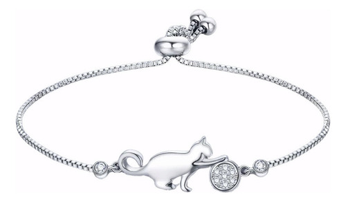 C Pulsera Plata Ley Gato Jugando Gatito Juvenil Mujer