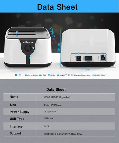 Estación De Acoplamiento Usb 3.0 Sata Hdd De 5 Gbps De Doble