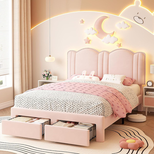 Base De Cama C/ Cajones Y Luces Led Enhomee Matrimonial Rosa