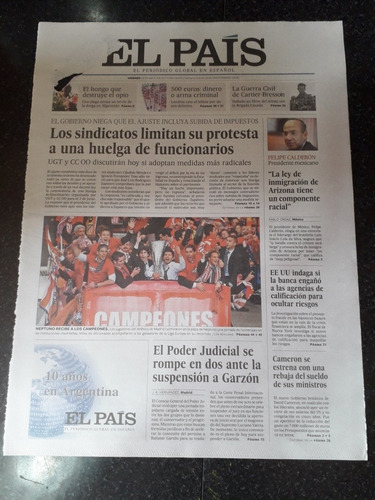 Tapa Diario El País España 14 5 2010 Atlético De Madrid Camp