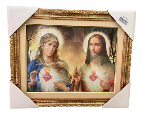 Quadro Sagrado Coração De Jesus E Maria 42x52cm Resina/vid Cor Colorido Cor Da Armação Dourado