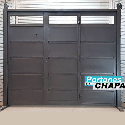 Porton Garage Chapa Con Puerta Y Postigo 255 X 205 Manual Gris Oscuro