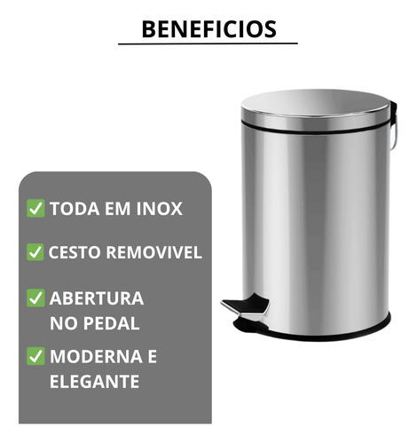Lixeira Inox 12l Com Pedal +balde Interno Cozinha Banheiro Cinza