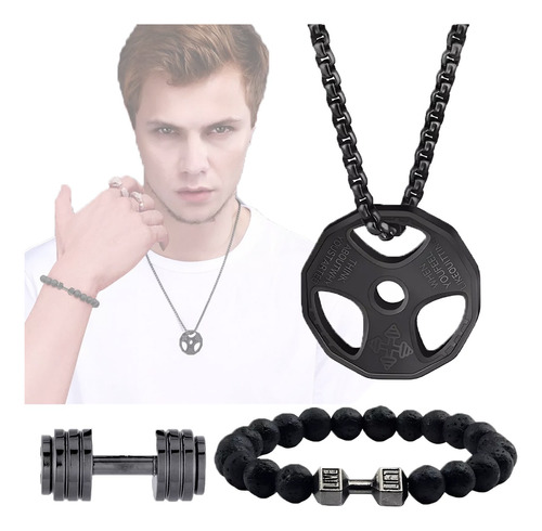 3pz Collar Y Pulsera Mancuerna Dijes Acero Inoxidable Hombre