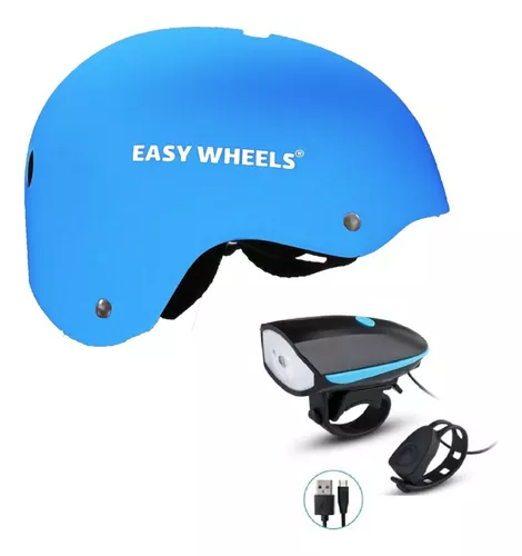 Casco Niños Bicicleta - Skate - Patines + Luz Usb + Timbre Color Azul Talla  Infantil