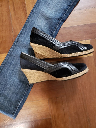 Zapatos Negros Taco Chino Gamuza Cuero Y Yute 37 Impecables