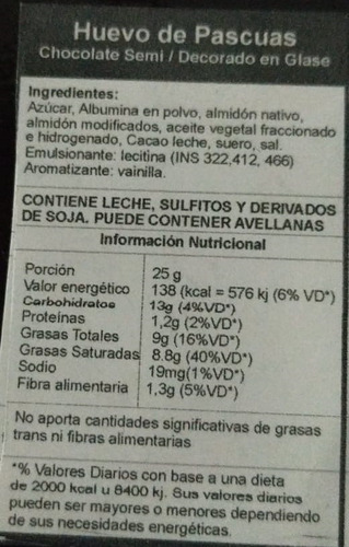 Huevo De Pascua Chocolate - N12 De 170 Grs - Semi Amargo