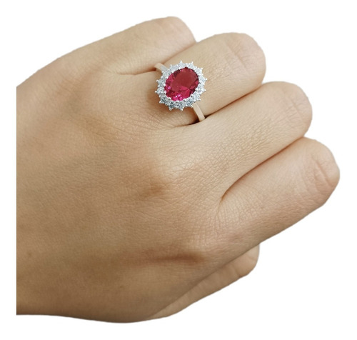 Anillo Plata 925 Zircon Solitario Rojo Mujer Regalo