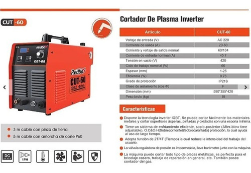 Cortadora Plasma Cut 60 Redbo Capacidad Corte 25 Mm