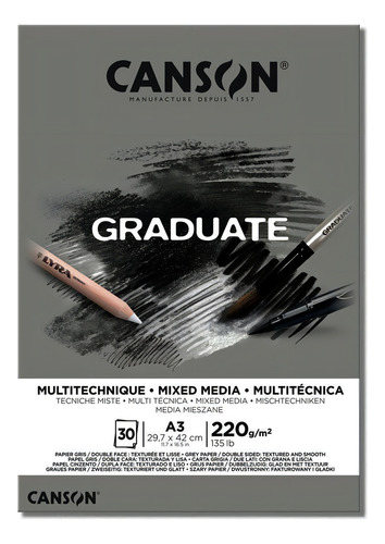 Bloque multitécnico Canson Graduate A3, 220 g, 30 hojas, color gris