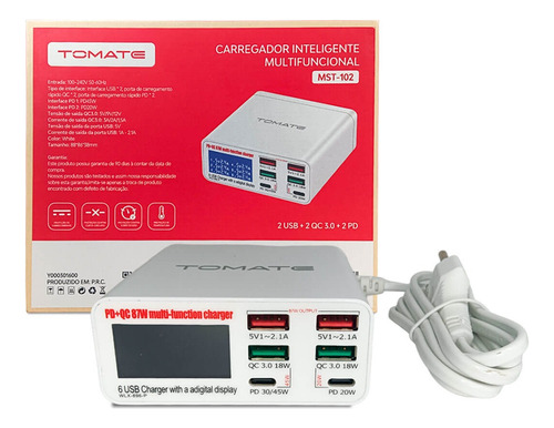 Carregador Inteligente 6 Portas Com Usb Tipo-c Display