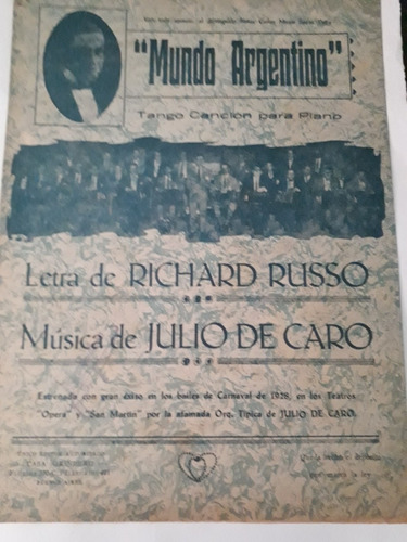 Partitura Tango. Mundo Argentino. R. Russo / Julio De Caro (Usado)