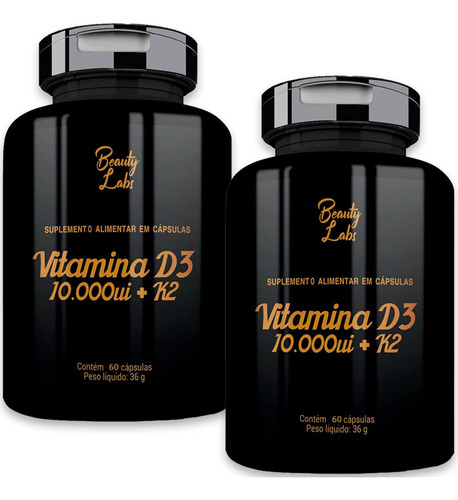 Kit 2x Vitamina D3 10.000ui + Vit K2 - 60 Caps - Beauty Labs Sabor Sem Sabor