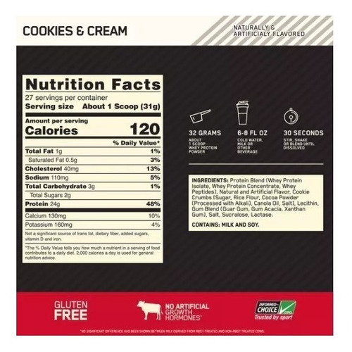 Suplemento en polvo Optimum Nutrition Proteína Gold Standard 100% Whey proteína sabor cookies & cream en pote de 2.11kg