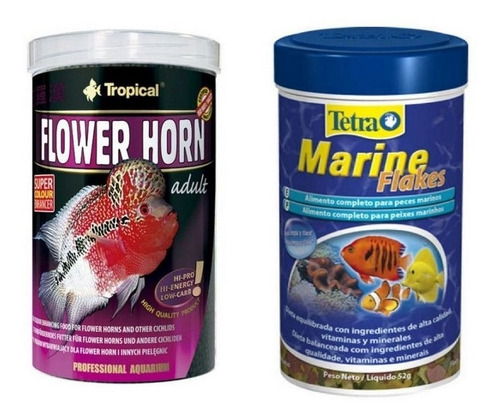 Kit Ração P/ Peixe Marine Flakes 52g+ Flower Horn Adult 190g