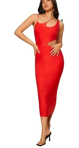 Vestido Rojo Asimetrico Escote Lateral Detalle Pedreria