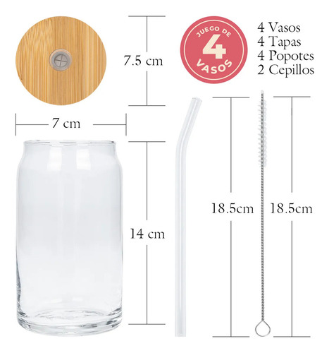 A Set De 4 Vasos Lata Vidrio 16oz Con Tapas Bambú Popote