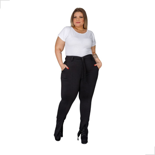 Calça Feminina Plus Size Em Bengaline Com Detalhe Na Barra