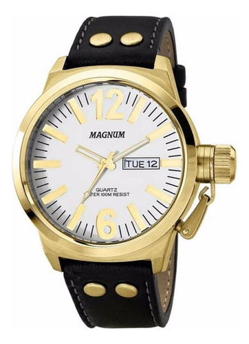 Relógio Magnum Masculino Ma31524b Dourado Couro Cor da correia Preto Cor do fundo Branco