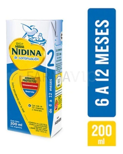 Leche de fórmula líquida sin TACC Nestlé Nidina 2 en brick de 24 de 200g - 6  a 12 meses