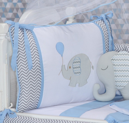 Kit Berço Americano Menino Elefantinho Azul Bebê 9 Peças