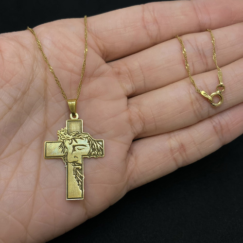 Cadena Y Dije Cruz Jesus Corona Espinas Oro 18k Amarillo 45 Cm