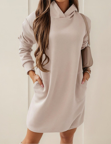 Vestido De Mujer De Color Liso De Manga Larga Con Capucha De