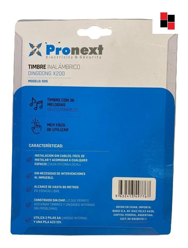Imagen 3 de 4 de Timbre Inalámbrico Pronext Ding-dong 200 Alcance 80 Metros