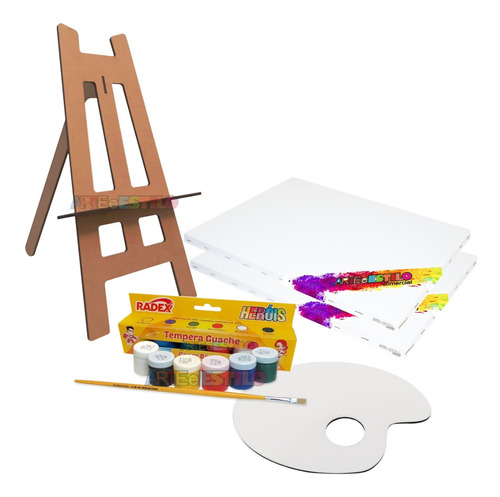 Kit De Pintura Infantil Em Tela C/ Mini Cavalete De Mesa