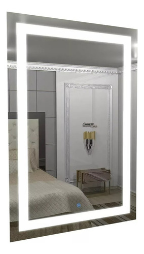 Espelho Jateado Iluminado Com Led E Touch Screen 80x70cm Moldura Branco Frio 6000k Na Vertical