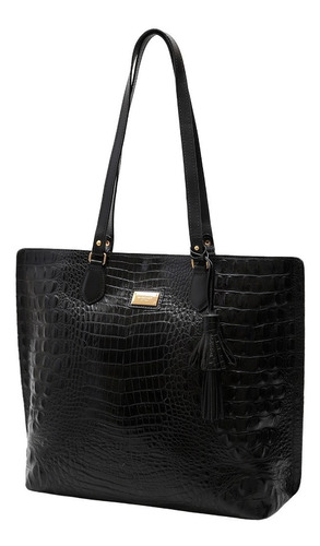 Bolsa Feminina Couro Legítimo Shopper Mariart Croco 5200 Cor Preto