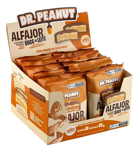 Pack Alfajor Dr. Peanut com Whey Protein, Sabor Doce de Leite e Cobertura de Chocolate, 12 Unidades