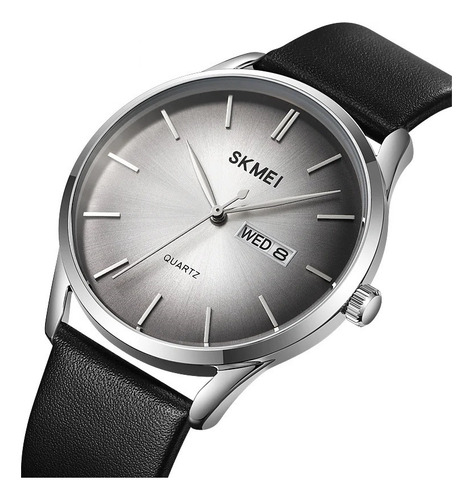 Reloj Pulsera Skmei 1991 Con Correa De Cuero Color Negro - Fondo Gris - Bisel Plateado