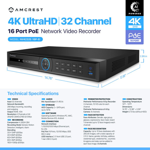 Nvr Amcrest Nv4232e-16p-ei 32 Canales 4k Con Reconocimiento