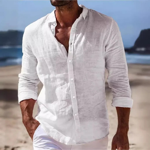 Camisa Casual De Algodón Y Lino De Manga Larga Con Botones P
