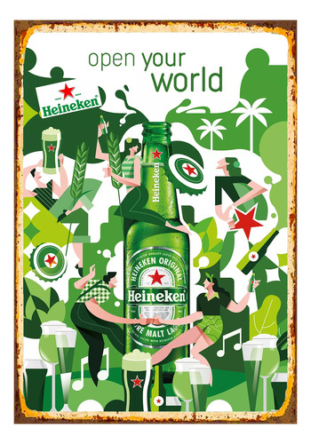 1 Cartel Metal Aluminio Heineken Open Your World 40x28 Cms