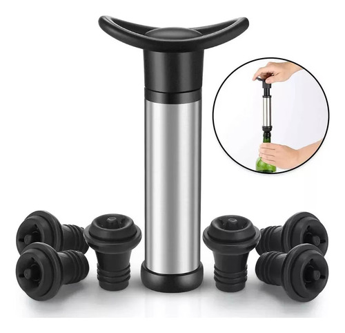 Jogo P/ Vinhos,bomba De Vácuo E Tampas 6 Rolhas Silicone