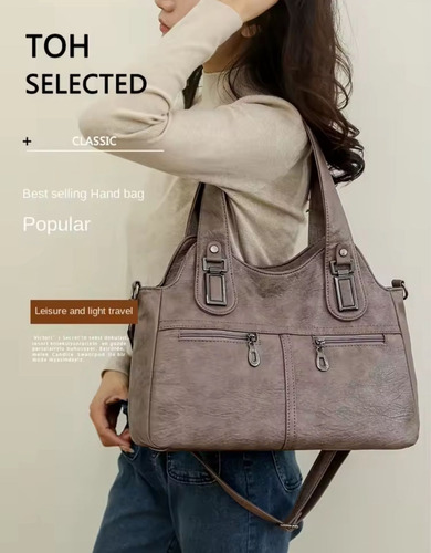 Cartera Bolso De Mujer Grande Estilo Básico De Eco Cuero Marrón Liso Cromado Marrón