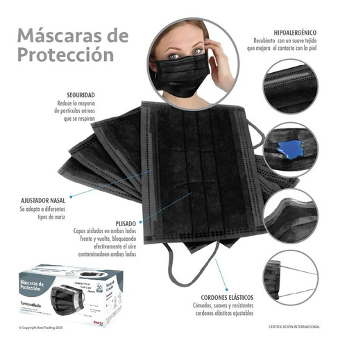 50 Cubrebocas Tricapa, Termosellado, Plisado, Ajuste Nasal