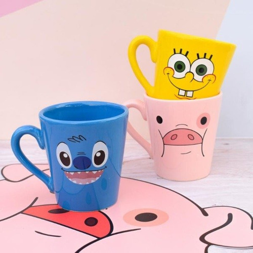 Taza De Cerámica Personajes Animados Coffee Apta Microondas Rosa Pato Chanchito