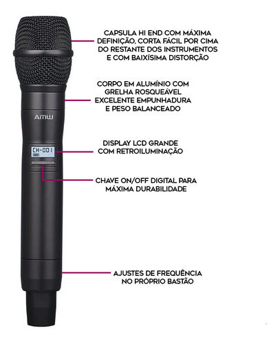 Amw Au7000 Microfone Sem Fio Bastão 4 Canais Digital Diversity Uhf Multibanda Receptor Rack + Estojo Profissional