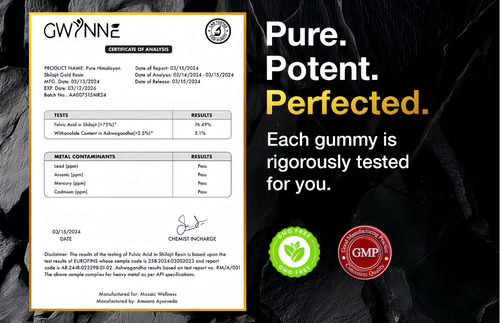 Gwynne Shilajit Gummies Puro Del Himalaya 3000mg Apto Para Hombres Y Mujeres 85 Micronutrientes Natural 60 Gommies 100% Orgánico